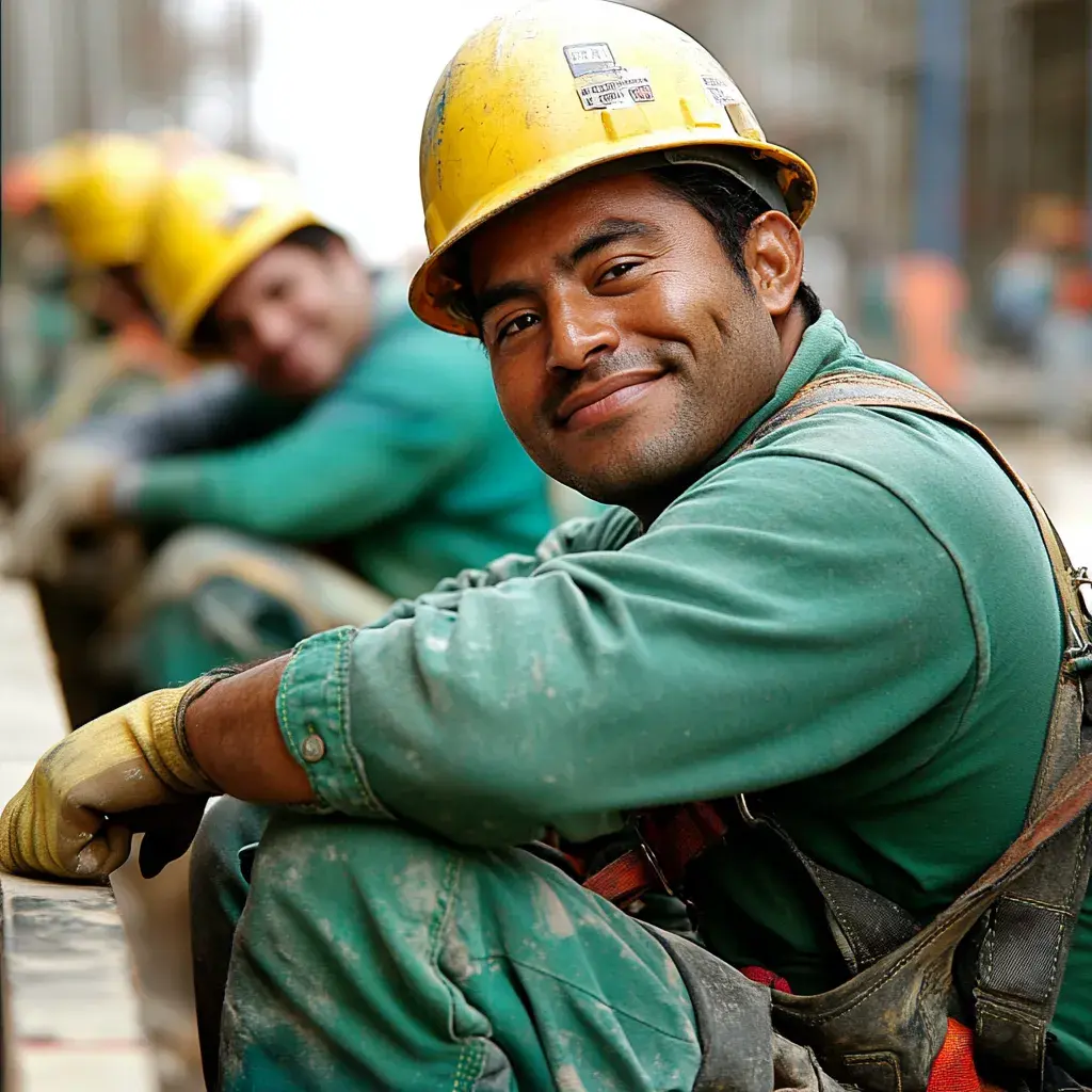 Construction worker in a yellow hard hat and green work clothes sitting beside equipment